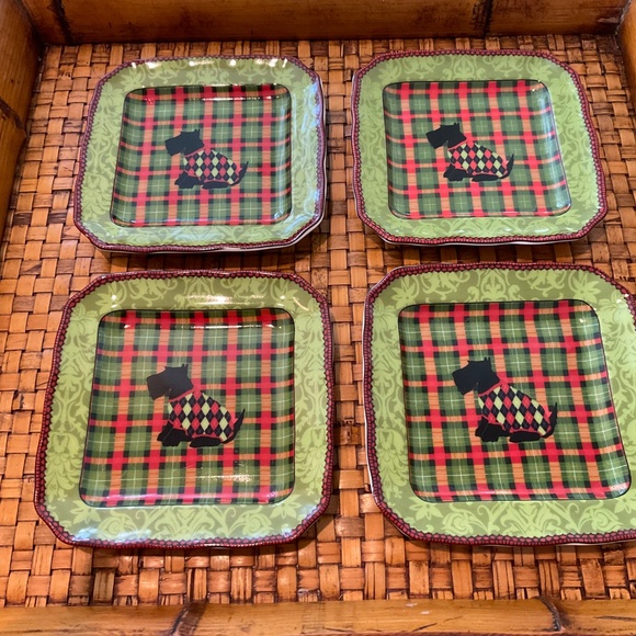 222 FIFTH Christmas Scotty Scottish Terrier Dog Argyle Appetizer Plates - Picture 5 of 6